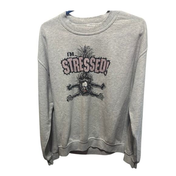 Vintage Crewneck Cartoon Cat Stressed Out Sweatshirt Gray Pink Medium 80s 90s - Picture 1 of 7